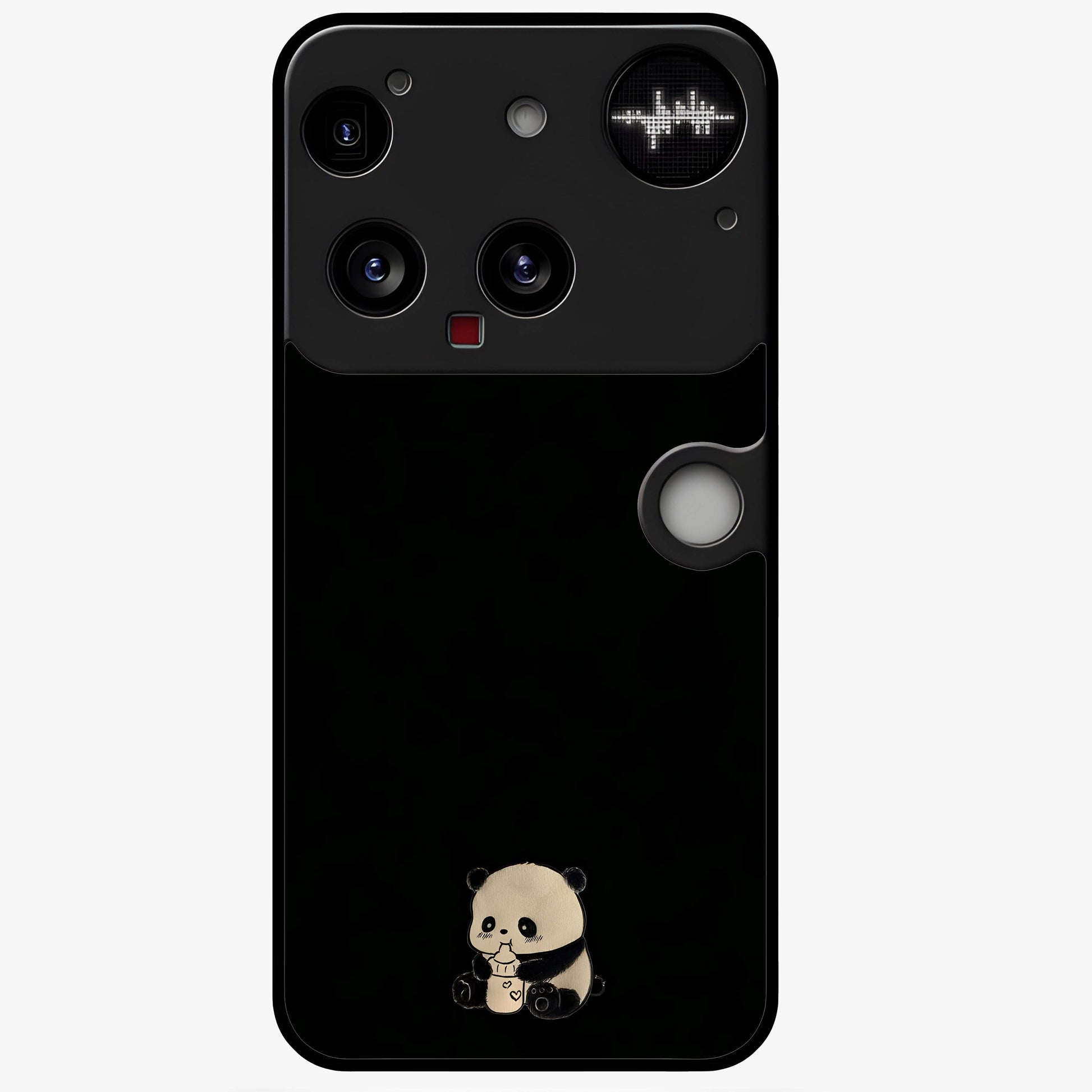 Midnight Panda Love Glass Case showing flat back view with cute panda themed artwork and glossy glass finish.