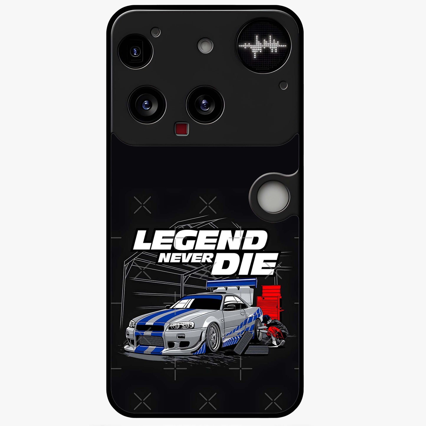 Midnight Racing Legacy Glass Case showing flat back view with sleek racing inspired artwork and glossy glass finish.