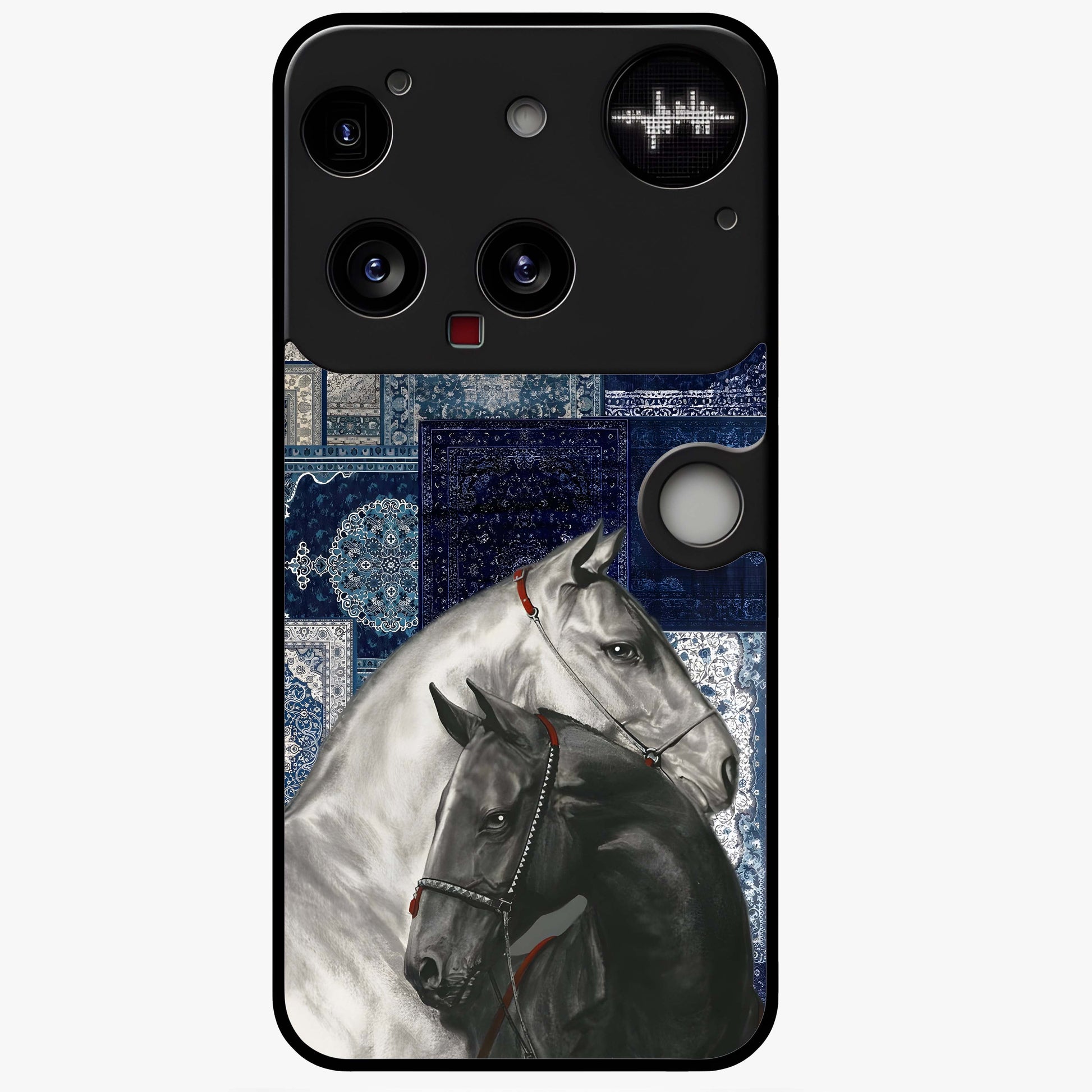 Midnight Stallion Blues Glass Case showing flat back view with majestic horse artwork and glossy glass finish.
