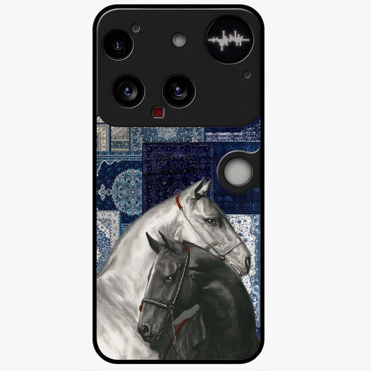 Midnight Stallion Blues Glass Case showing flat back view with majestic horse artwork and glossy glass finish.