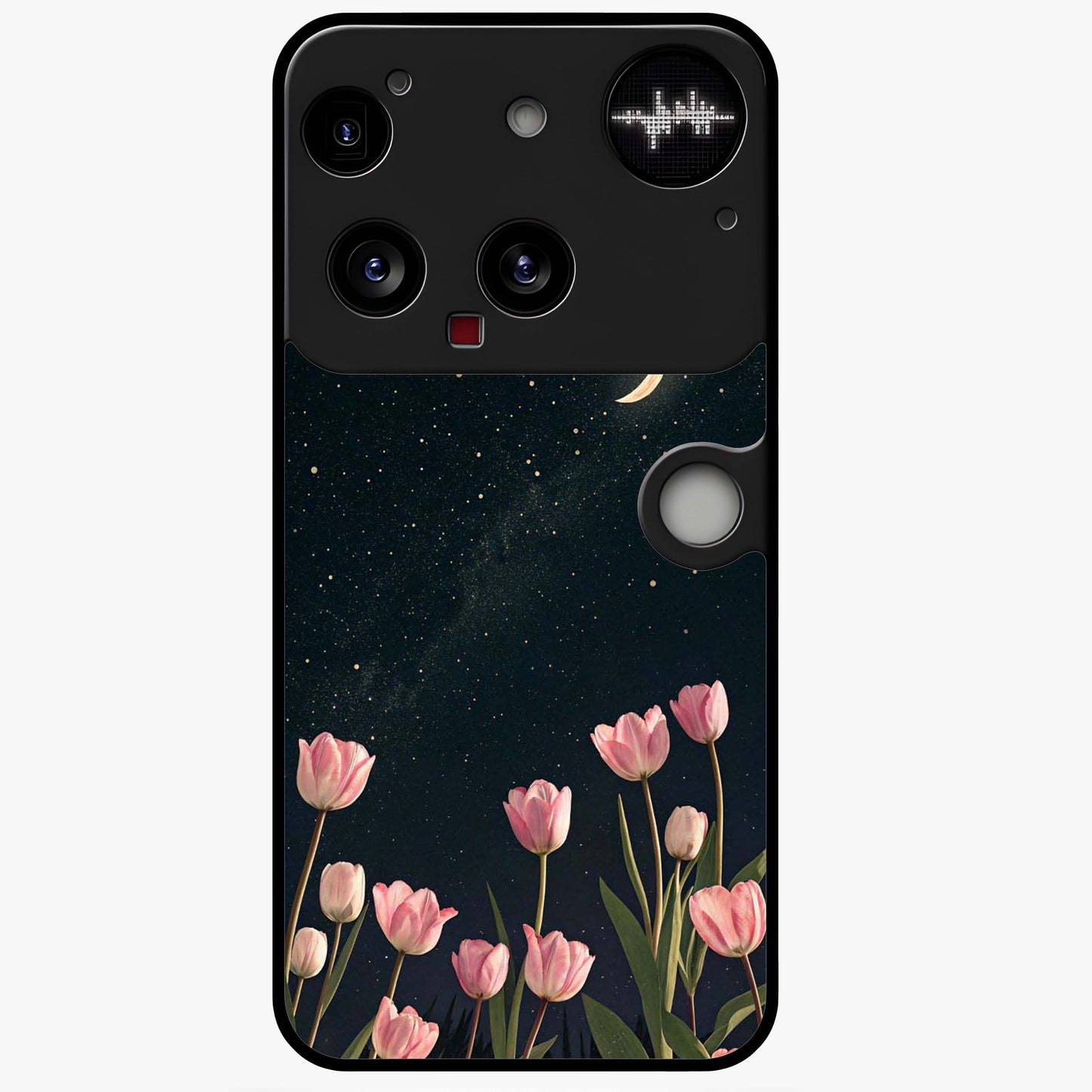 Midnight Tulip Whispers Vibe Glass Case showing flat back view with elegant tulip flower artwork and glossy glass finish.