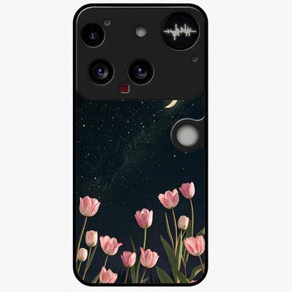 Midnight Tulip Whispers Vibe Glass Case showing flat back view with elegant tulip flower artwork and glossy glass finish.