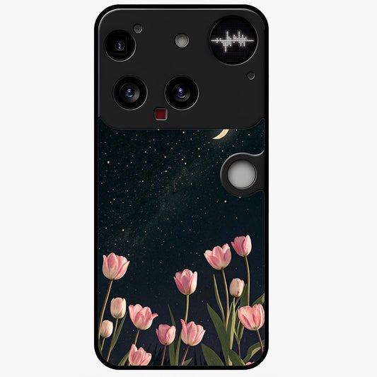 Midnight Tulip Whispers Vibe Glass Case showing flat back view with elegant tulip flower artwork and glossy glass finish.