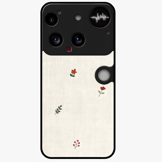 Minimal Petal Whispers Glass Case showing flat back view with soft minimal floral artwork and glossy glass finish.