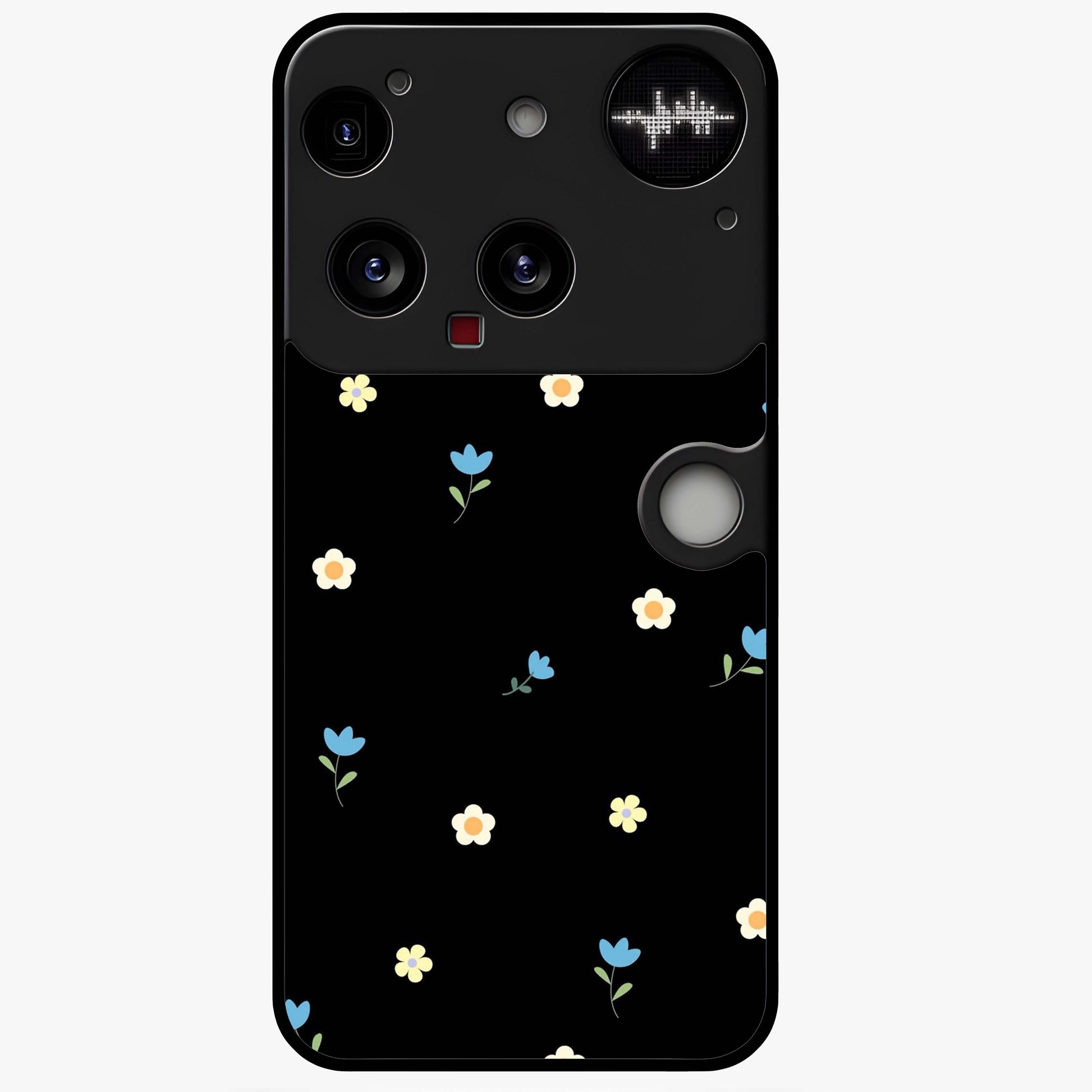 Minimalistic Blue With White Flower Pattern Glass Case showing flat back view with blue background and white flower pattern and glossy glass finish.