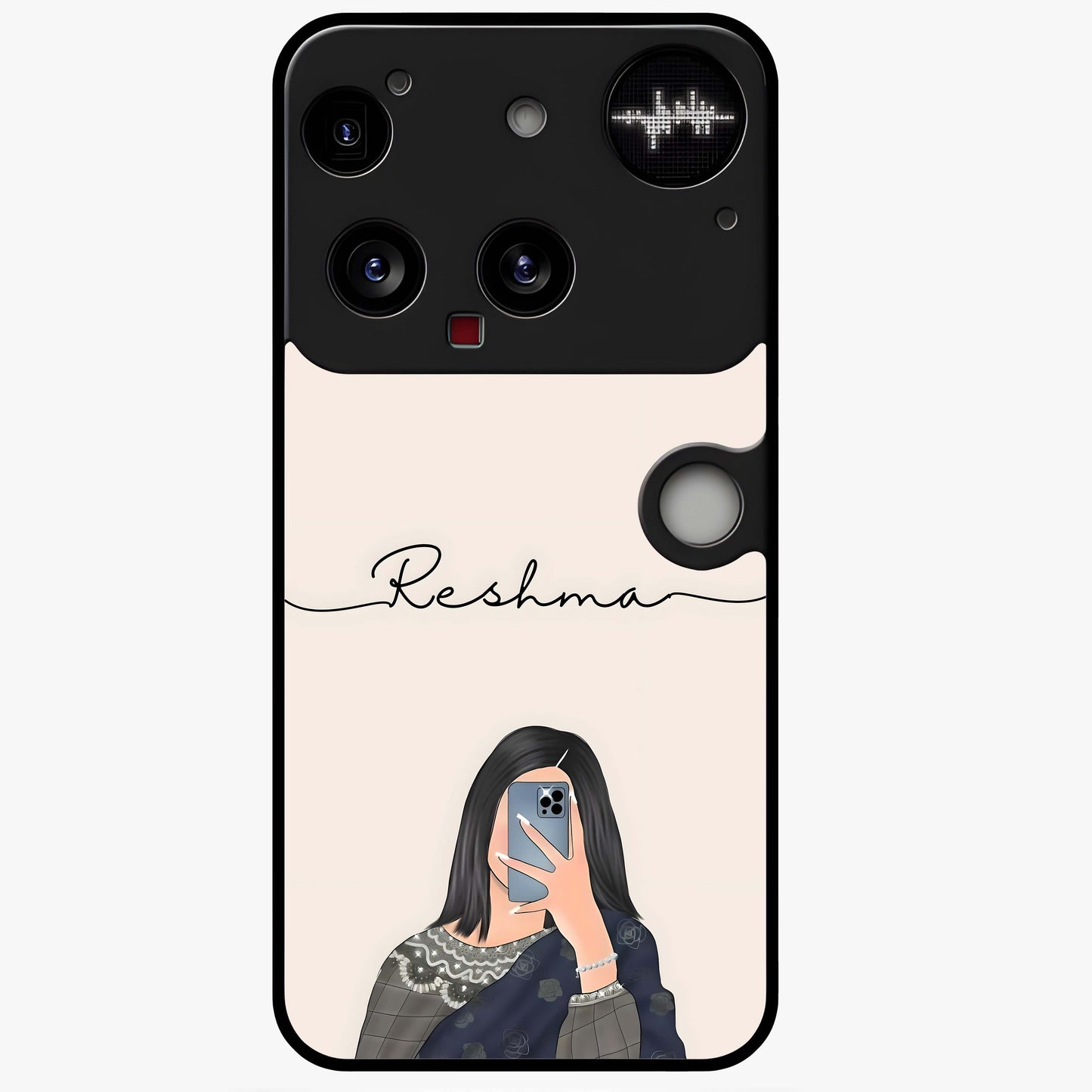 Mirror Mood Muse With Custom Name Glass Case showing flat back view with stylish mirrored artwork and personalized name design.