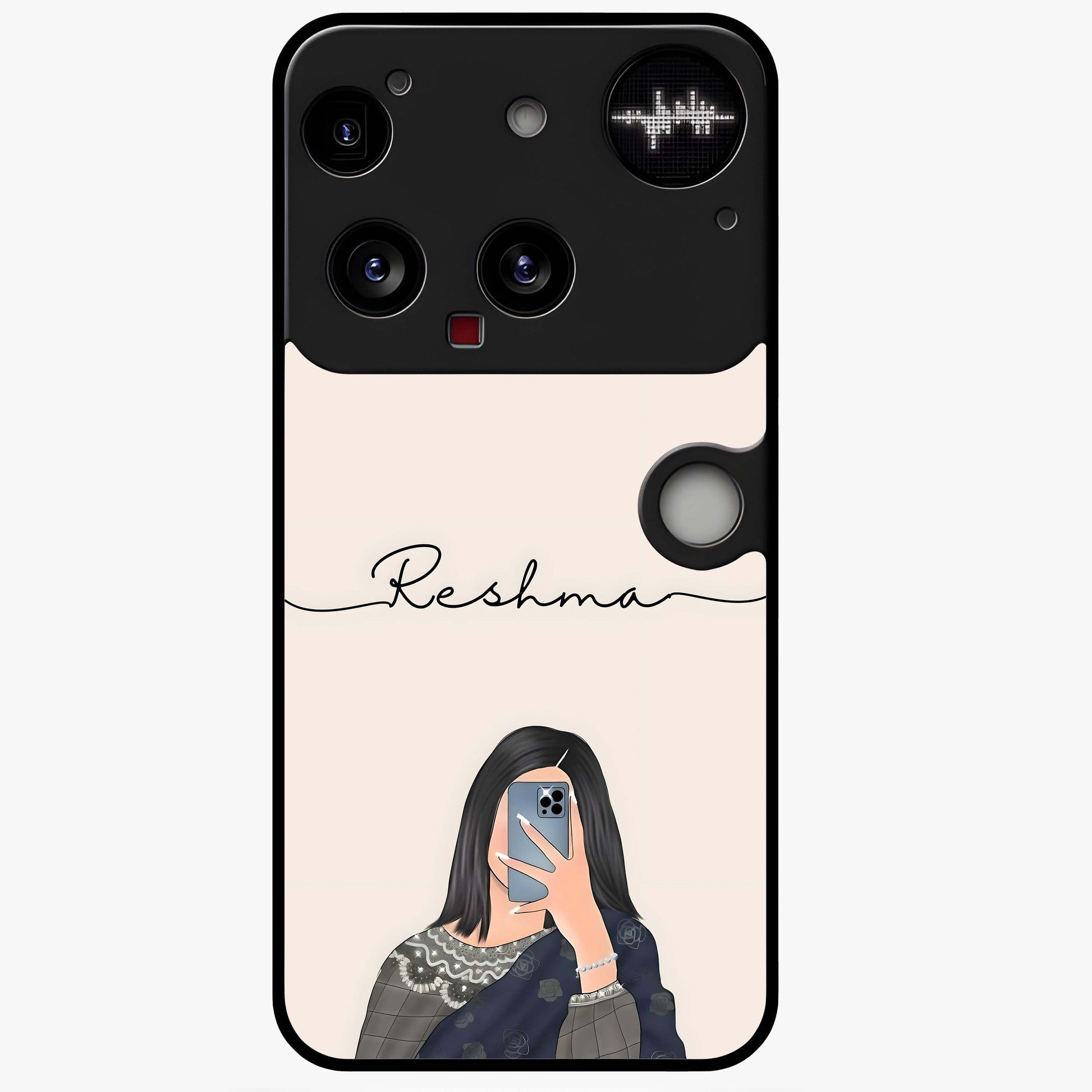 Mirror Mood Muse With Custom Name Glass Case showing flat back view with stylish mirrored artwork and personalized name design.