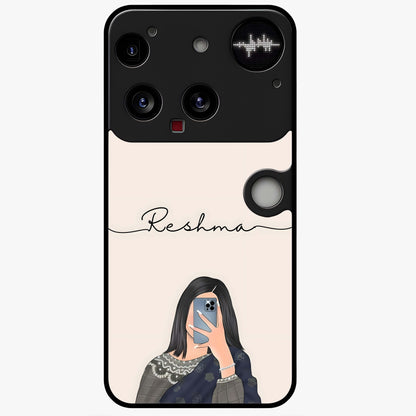 Mirror Mood Muse With Custom Name Glass Case showing flat back view with stylish mirrored artwork and personalized name design.