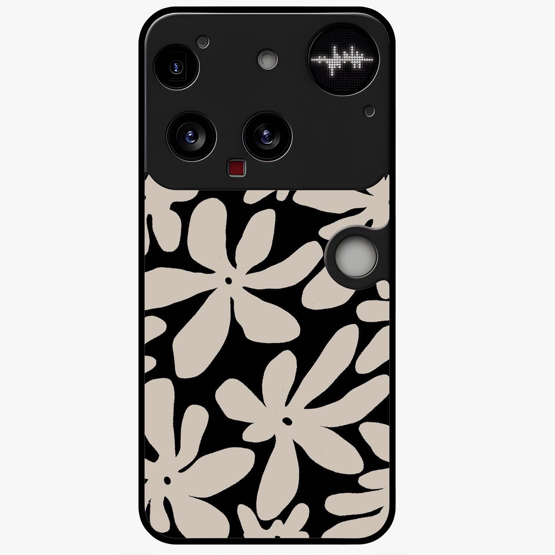 Monochrome Petal Dance Glass Case showing flat back view with monochrome floral artwork and glossy glass finish.