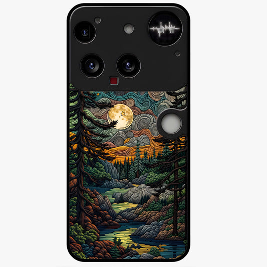 Moonlight Forest Dream Glass Case showing flat back view with mystical forest moonlight artwork and glossy glass finish.