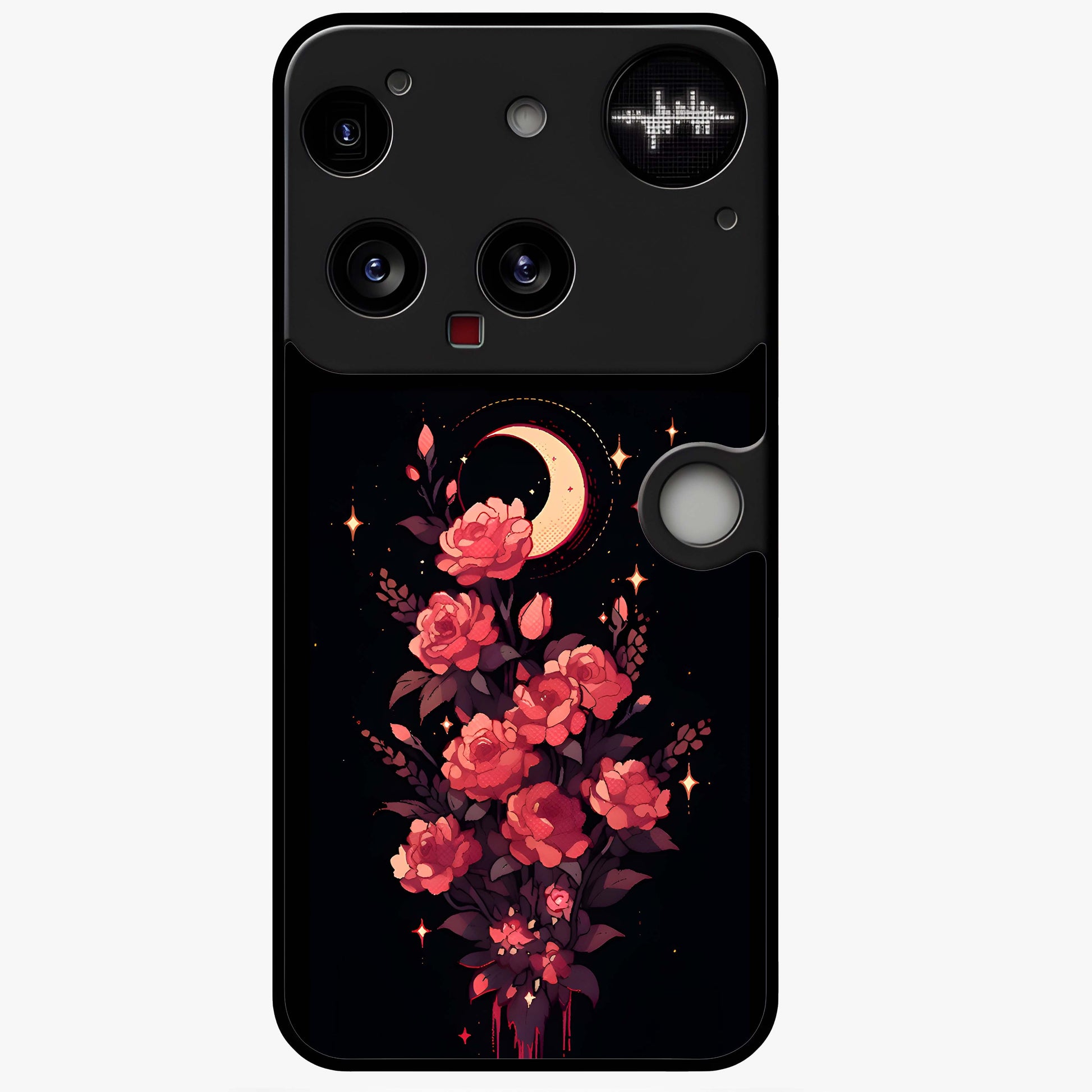 Moonlit Floral Elegance Glass Case showing flat back view with elegant floral artwork under moonlit tones and glossy glass finish.