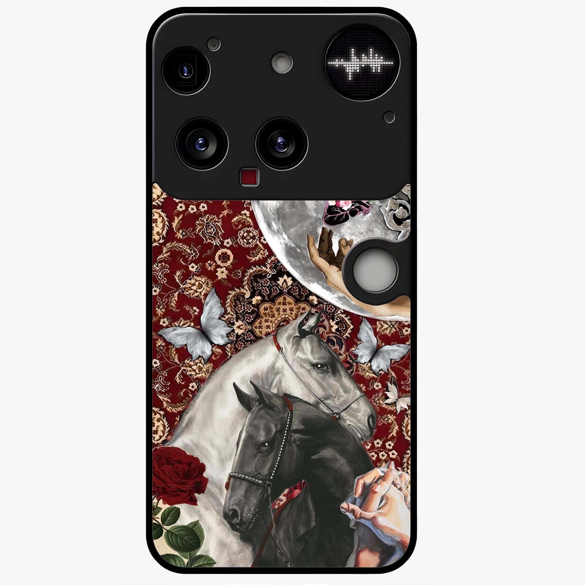 Moonlit Royal Stallion Glass Case showing flat back view with majestic horse under moonlight artwork and glossy glass finish.