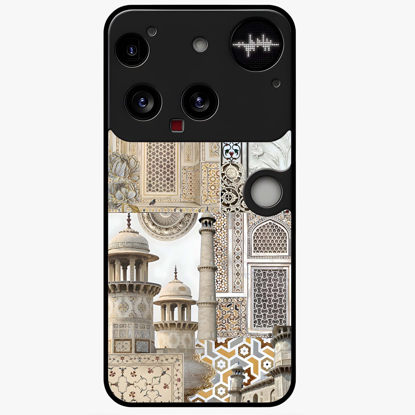 Mughal Marble Legacy Glass Case showing flat back view with intricate Mughal inspired marble pattern and glossy glass finish.