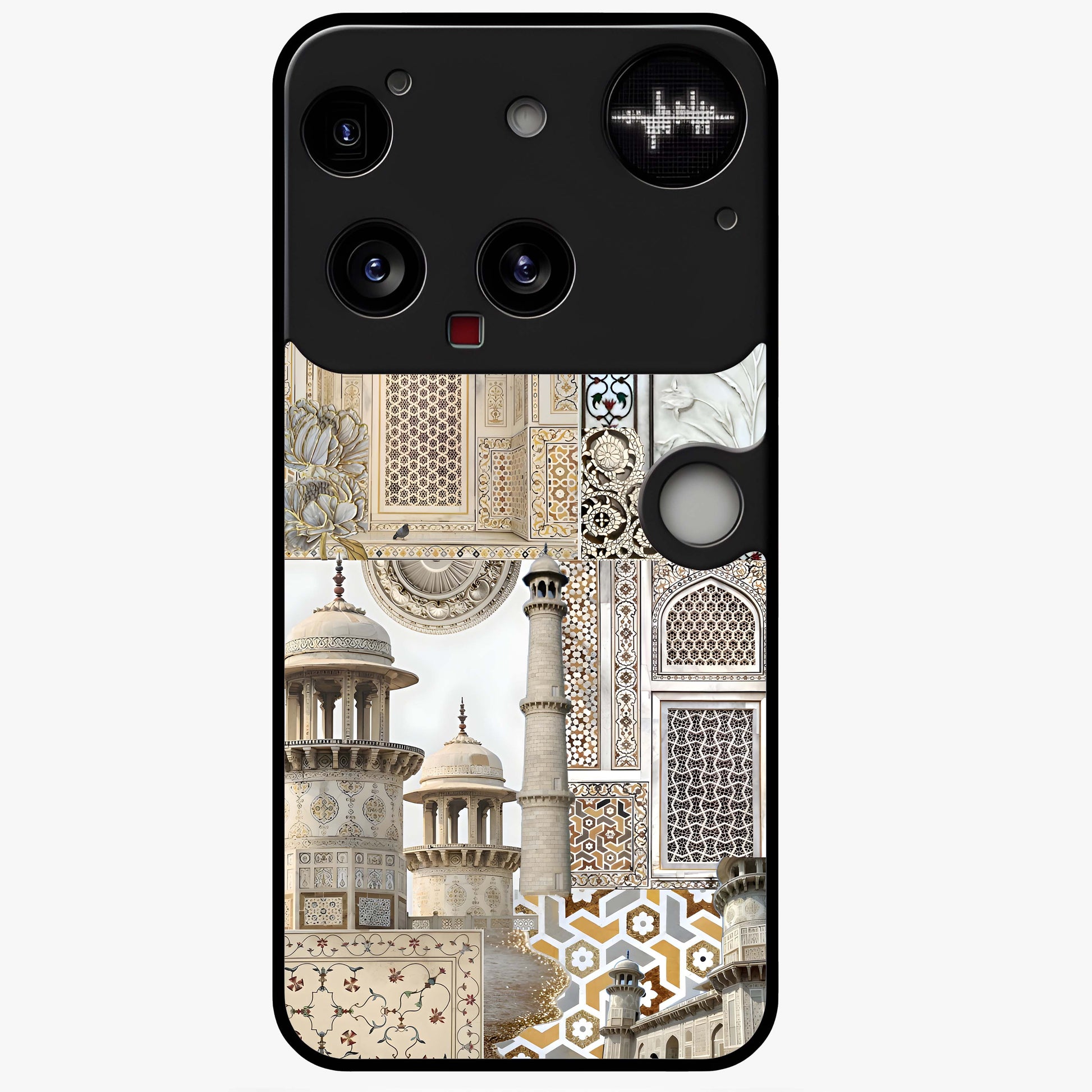 Mughal Marble Legacy Glass Case showing flat back view with intricate Mughal inspired marble pattern and glossy glass finish.