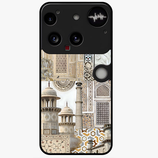 Mughal Marble Legacy Glass Case showing flat back view with intricate Mughal inspired marble pattern and glossy glass finish.