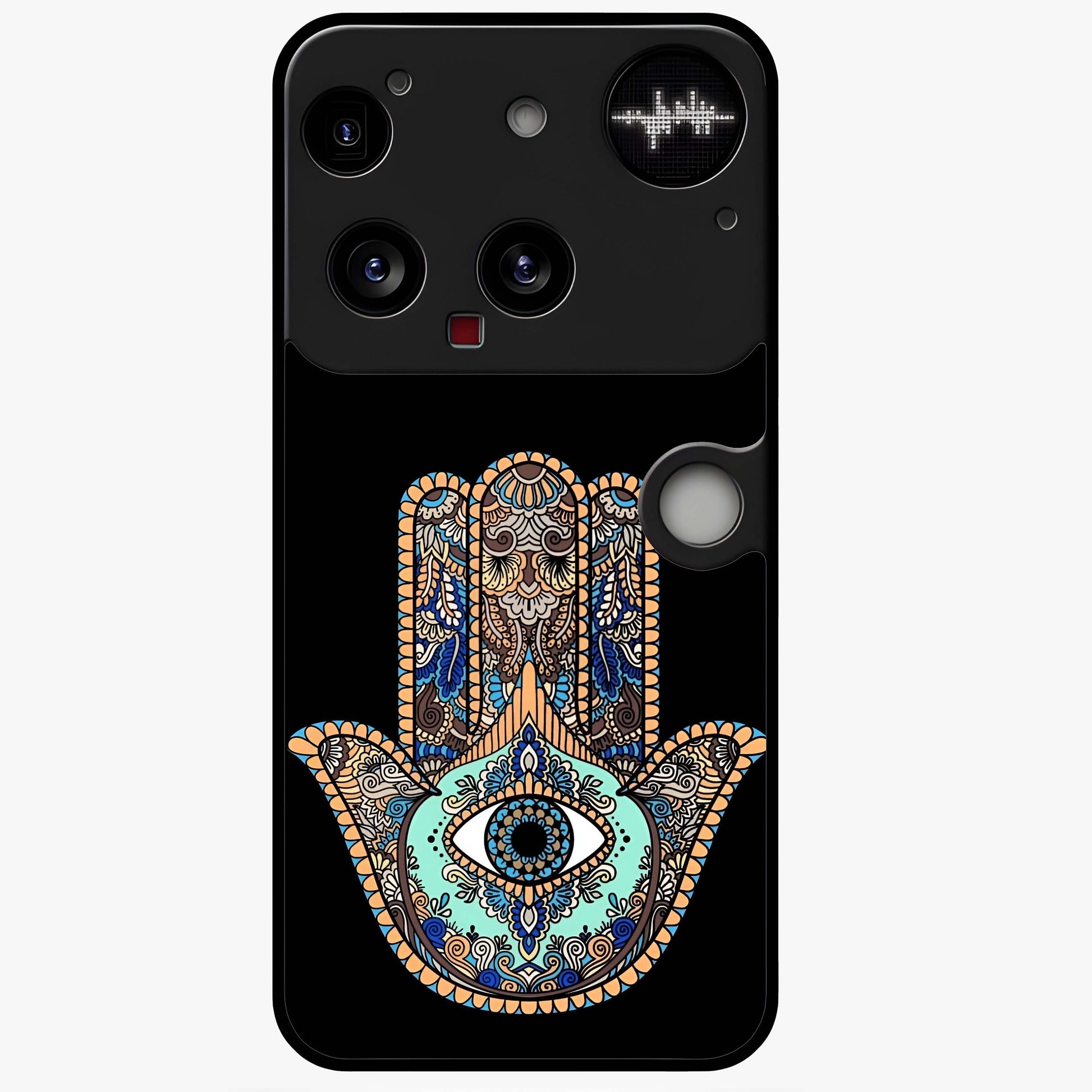 Mystic Hamsa Eye Glass Case showing flat back view with protective hamsa hand and evil eye artwork and glossy glass finish.