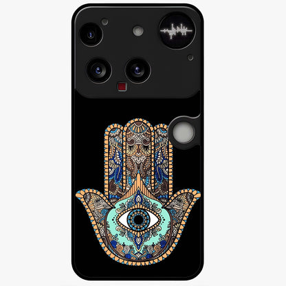 Mystic Hamsa Eye Glass Case showing flat back view with protective hamsa hand and evil eye artwork and glossy glass finish.
