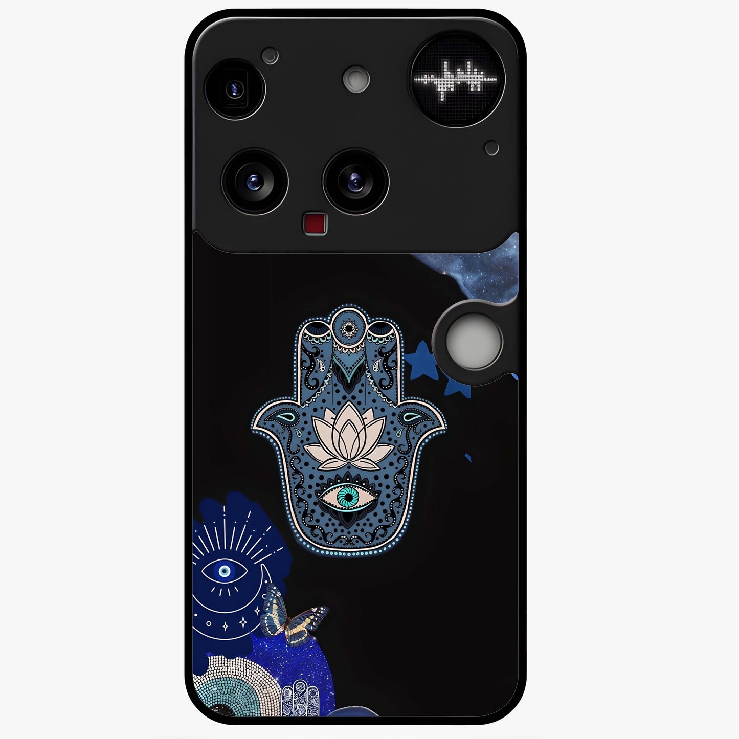 Mystic Hand Aura Glass Case showing flat back view with mystical hand symbol artwork and glossy glass finish.