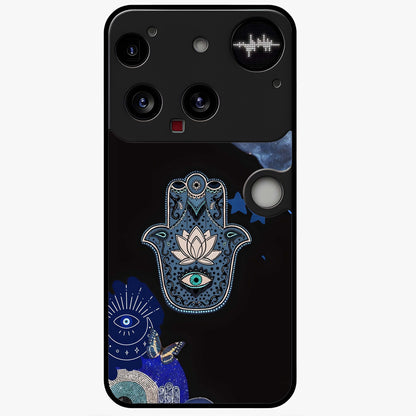 Mystic Hand Aura Glass Case showing flat back view with mystical hand symbol artwork and glossy glass finish.