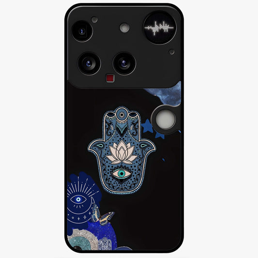 Mystic Hand Aura Glass Case showing flat back view with mystical hand symbol artwork and glossy glass finish.