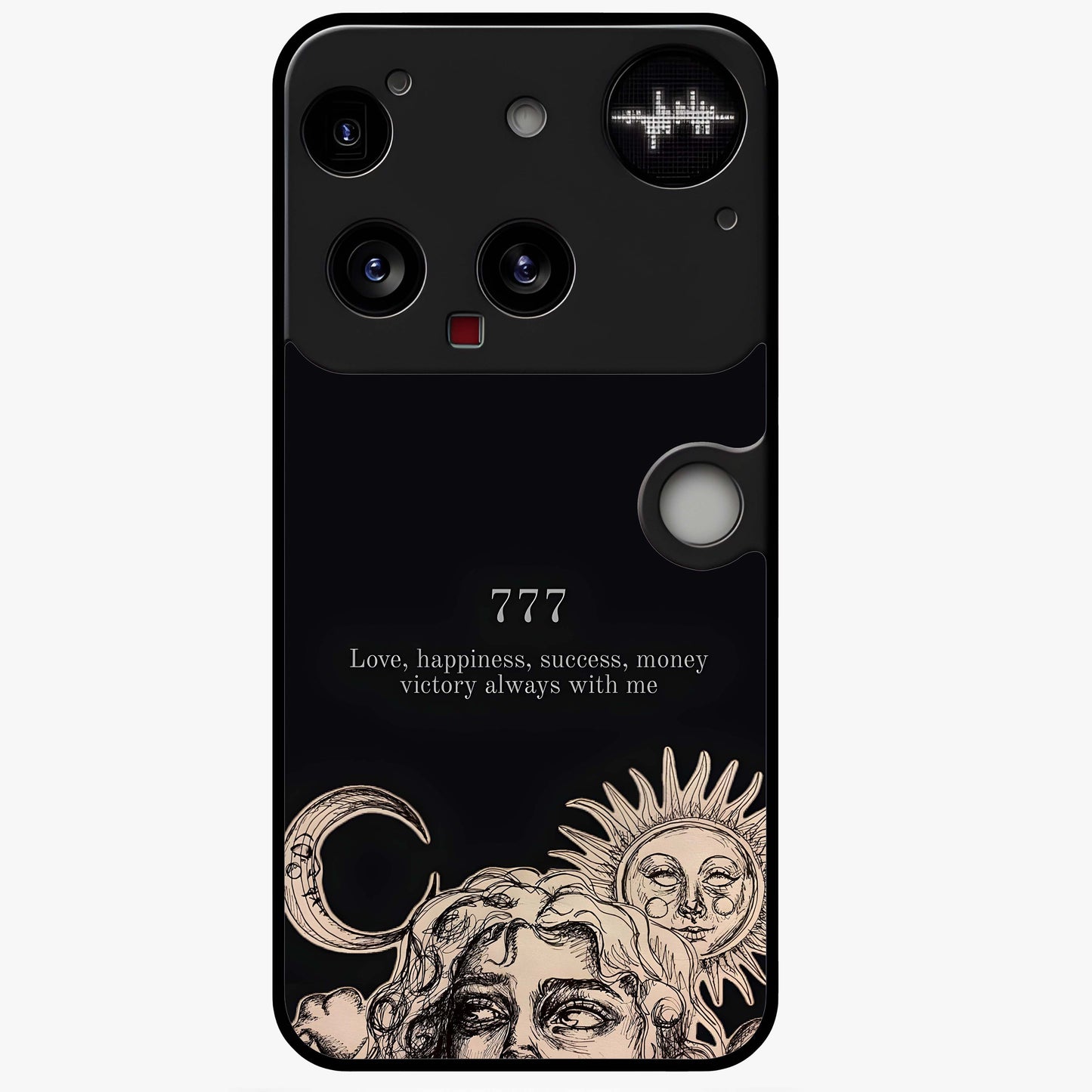Mystic Victory Aura Glass Case showing flat back view with victory symbol artwork and glossy glass finish.
