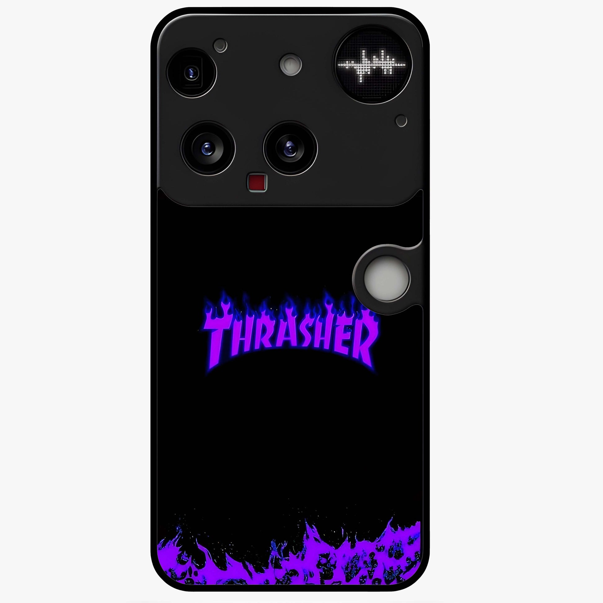 Neon Flame Riot Glass Case showing flat back view with neon flame artwork and glossy glass finish.