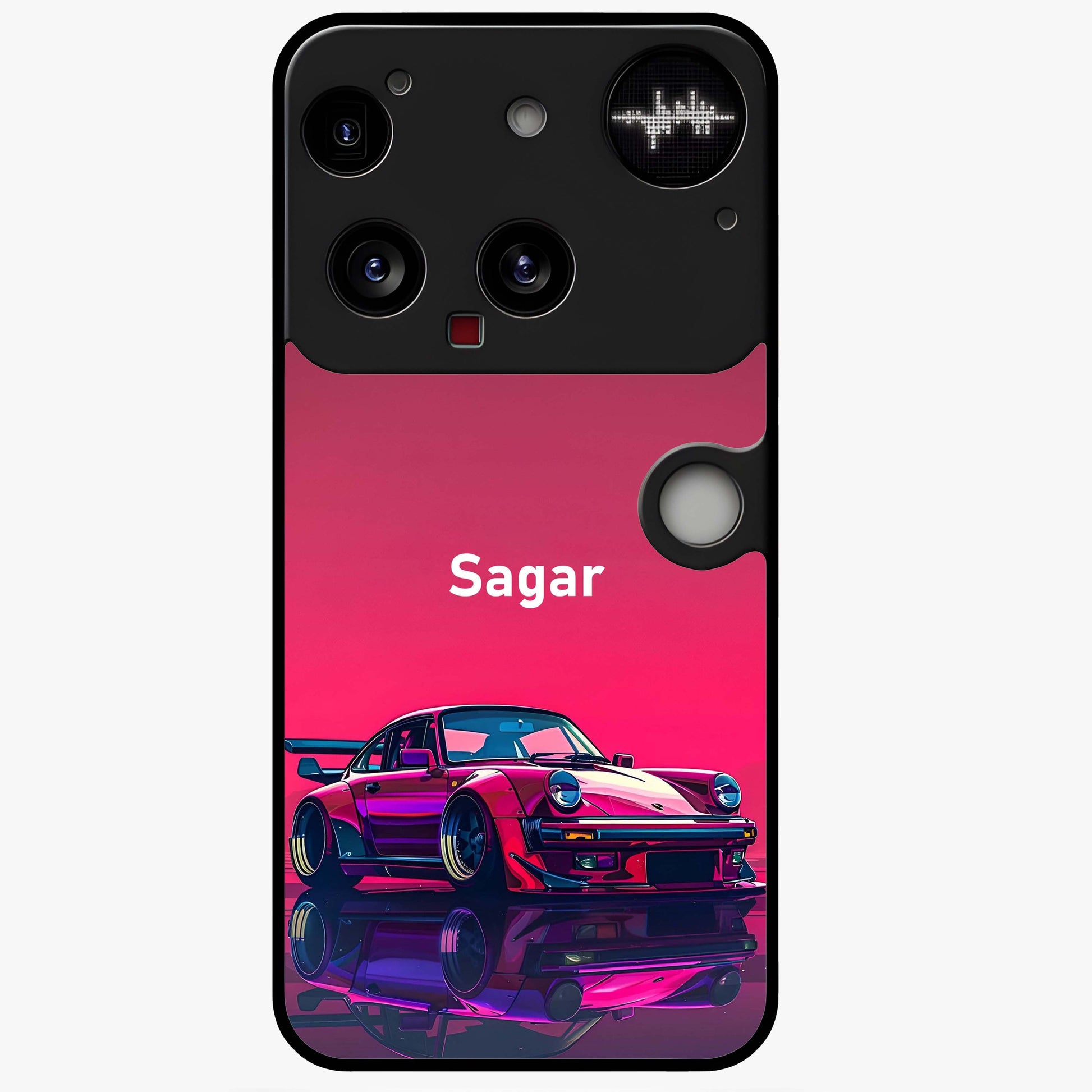 Neon Pink Porsche Glass Case showing flat back view with stylish sports car artwork and glossy glass finish.