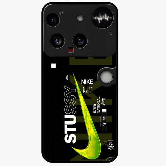 Neon Street Edition Glass Case showing flat back view with neon street style artwork and glossy glass finish.