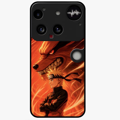 Nine Tails Legacy Glass Case showing flat back view with powerful nine-tailed fox inspired artwork and glossy glass finish.