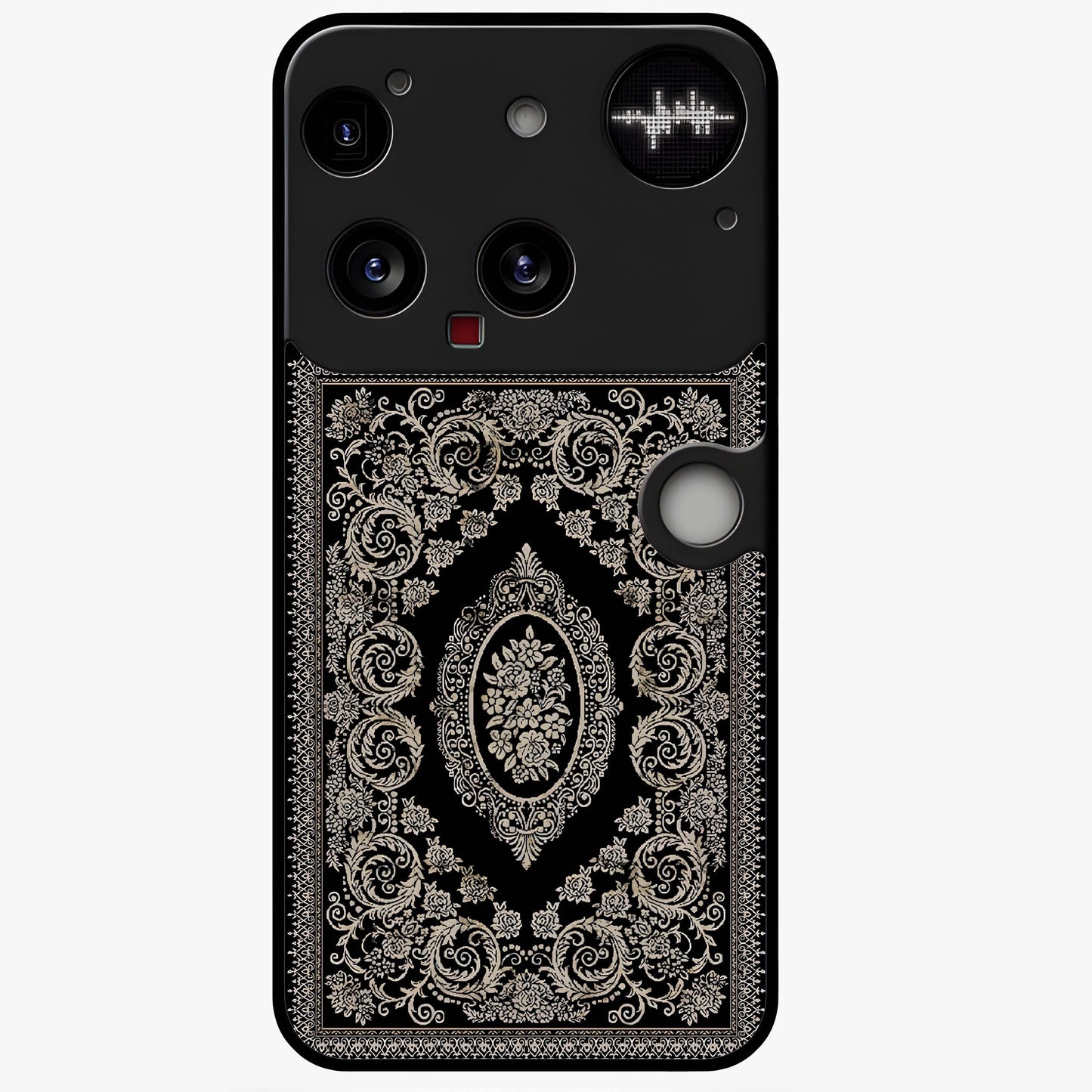 Noir Bloom Elegance Glass Case showing flat back view with elegant dark floral artwork and glossy glass finish.