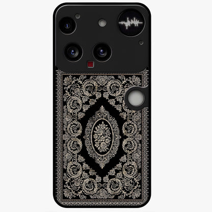 Noir Bloom Elegance Glass Case showing flat back view with elegant dark floral artwork and glossy glass finish.