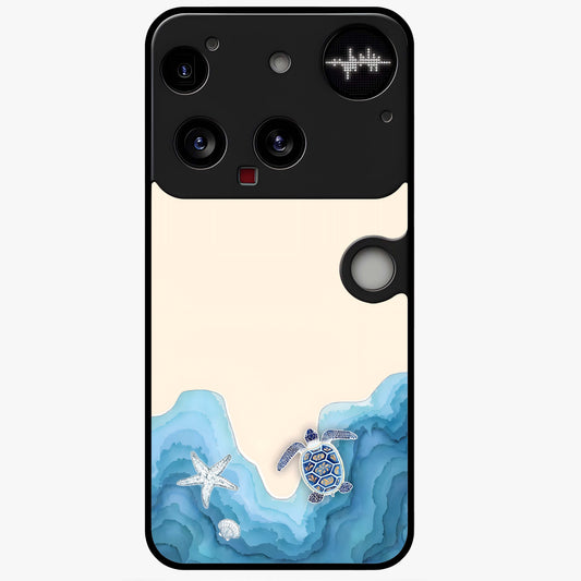 Ocean Drift Turtle Glass Case showing flat back view with sea turtle artwork and glossy glass finish.