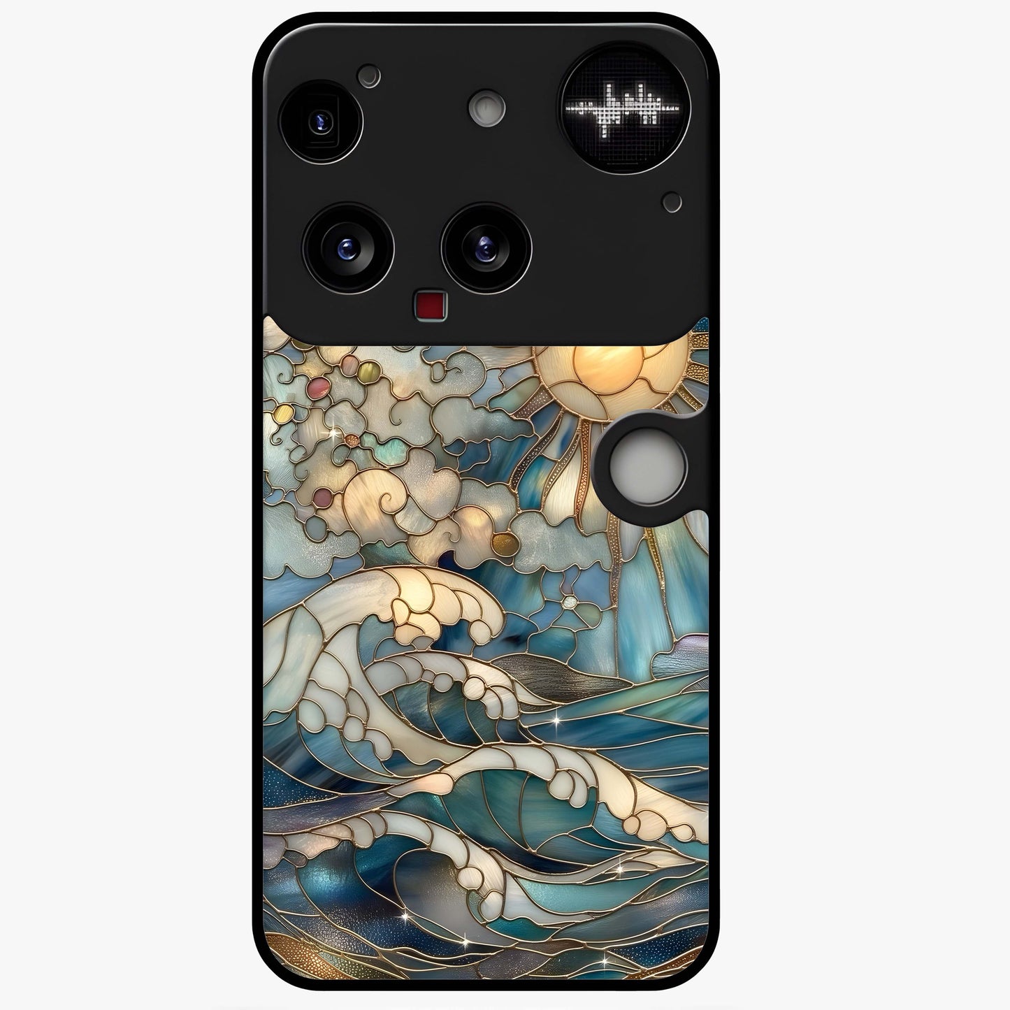 Oceanic Stained Printed Glass Case showing flat back view with ocean inspired stained pattern artwork and glossy glass finish.