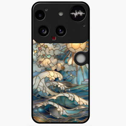 Oceanic Stained Printed Glass Case showing flat back view with ocean inspired stained pattern artwork and glossy glass finish.