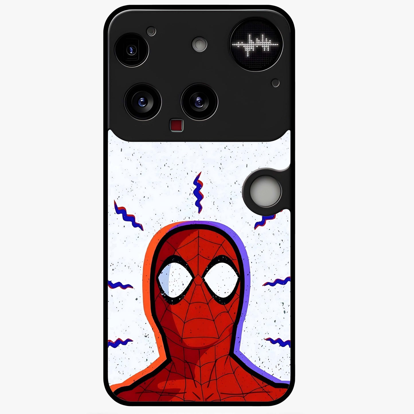 Omg Spiderman Glass Case showing flat back view with bold superhero inspired artwork and glossy glass finish.