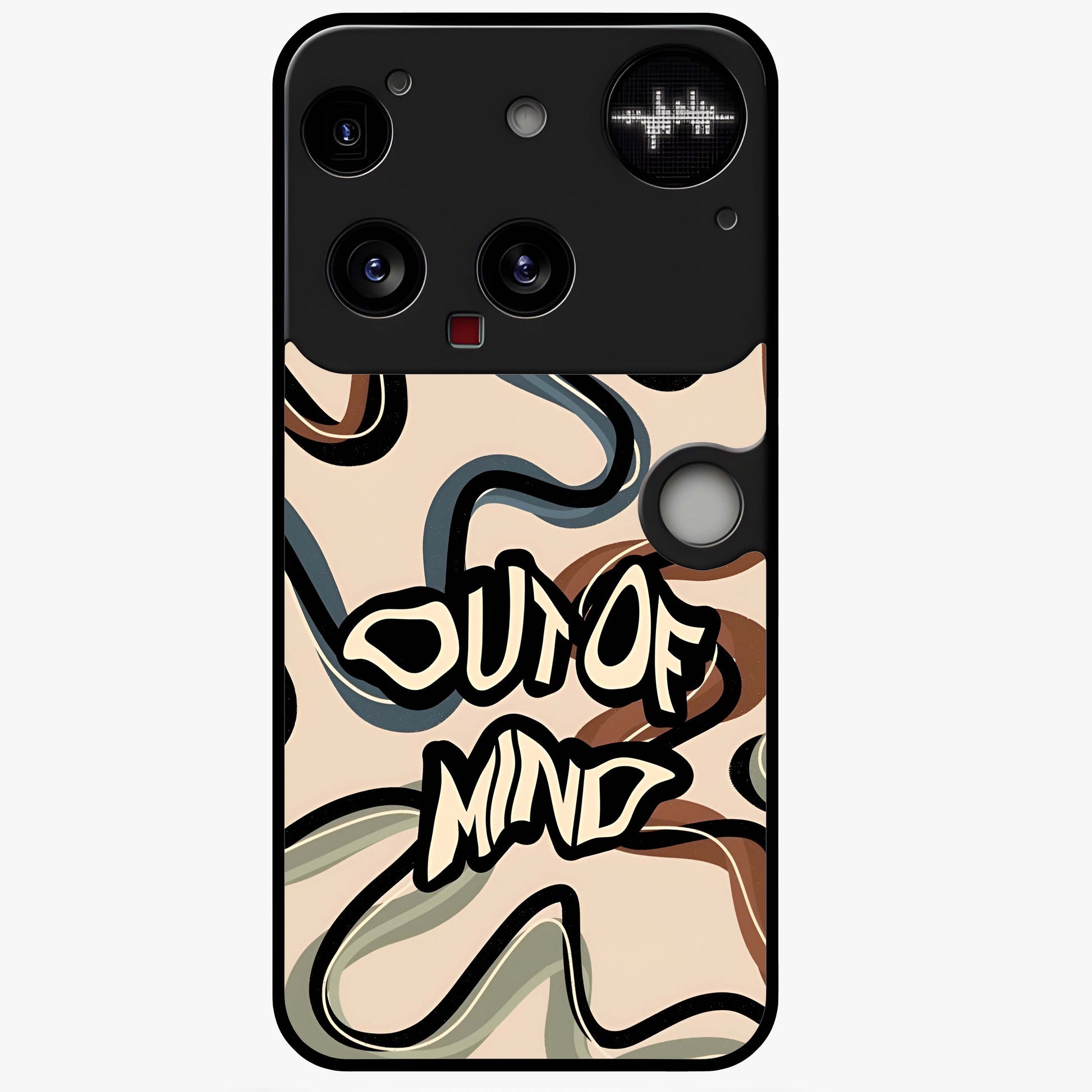 Out Of Mind Glass Case showing flat back view with expressive typography artwork and glossy glass finish.