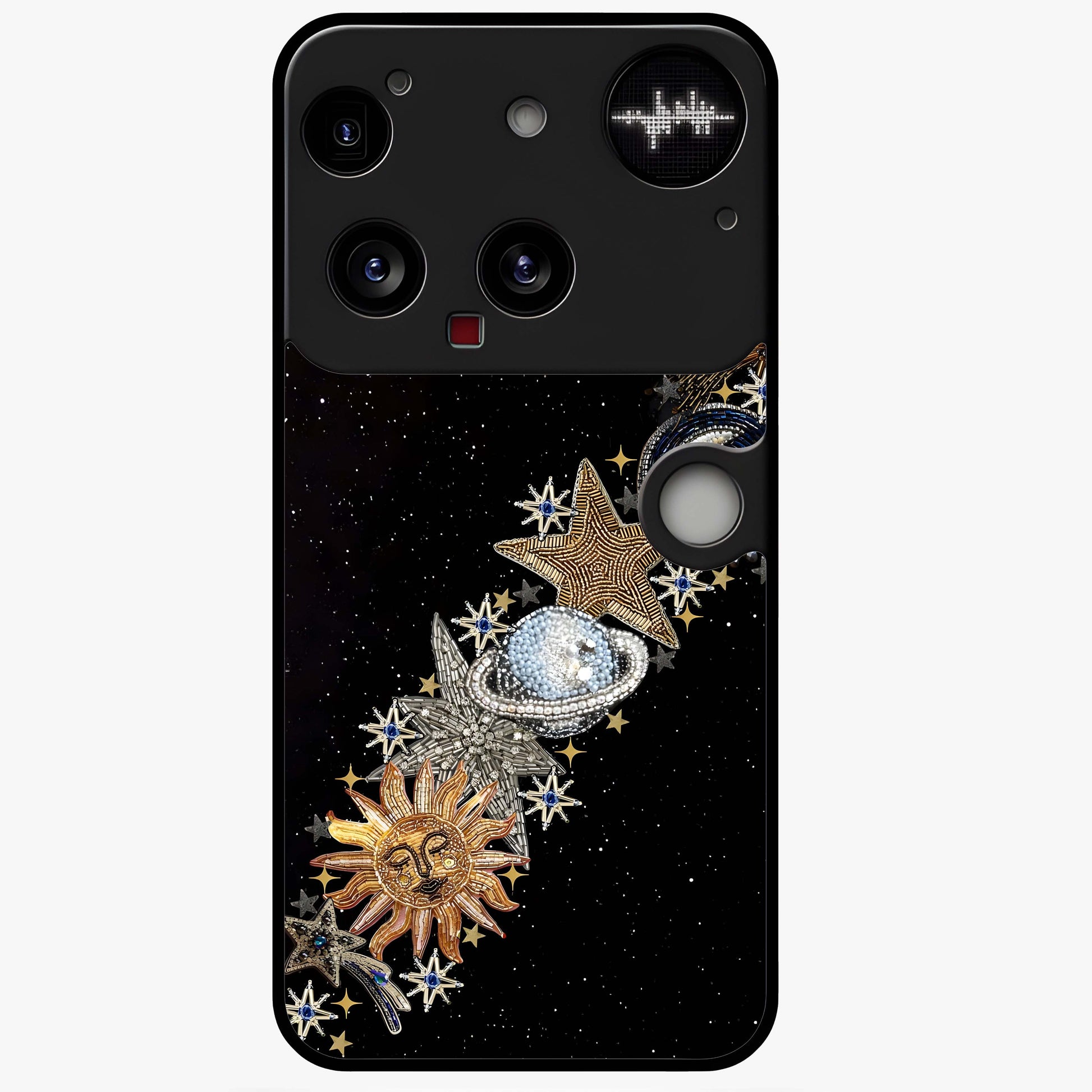 Pearls Universe Object Glass Case showing flat back view with pearl inspired cosmic artwork and glossy glass finish.