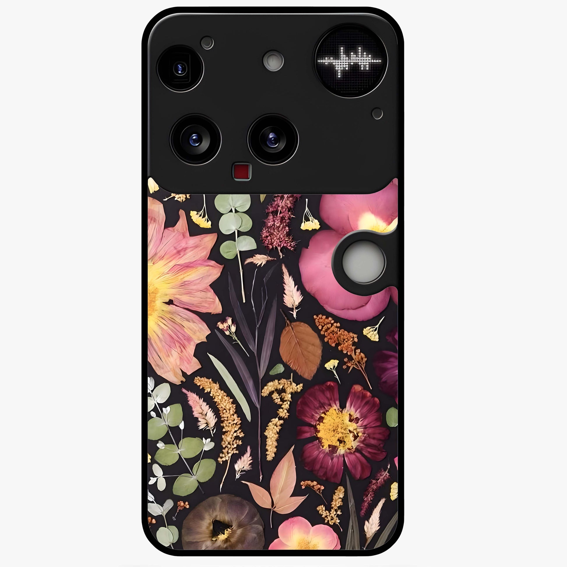 Petal Dream Tapestry Glass Case showing flat back view with intricate floral tapestry artwork and glossy glass finish.