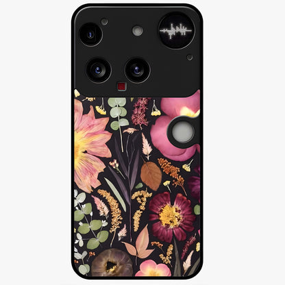 Petal Dream Tapestry Glass Case showing flat back view with intricate floral tapestry artwork and glossy glass finish.