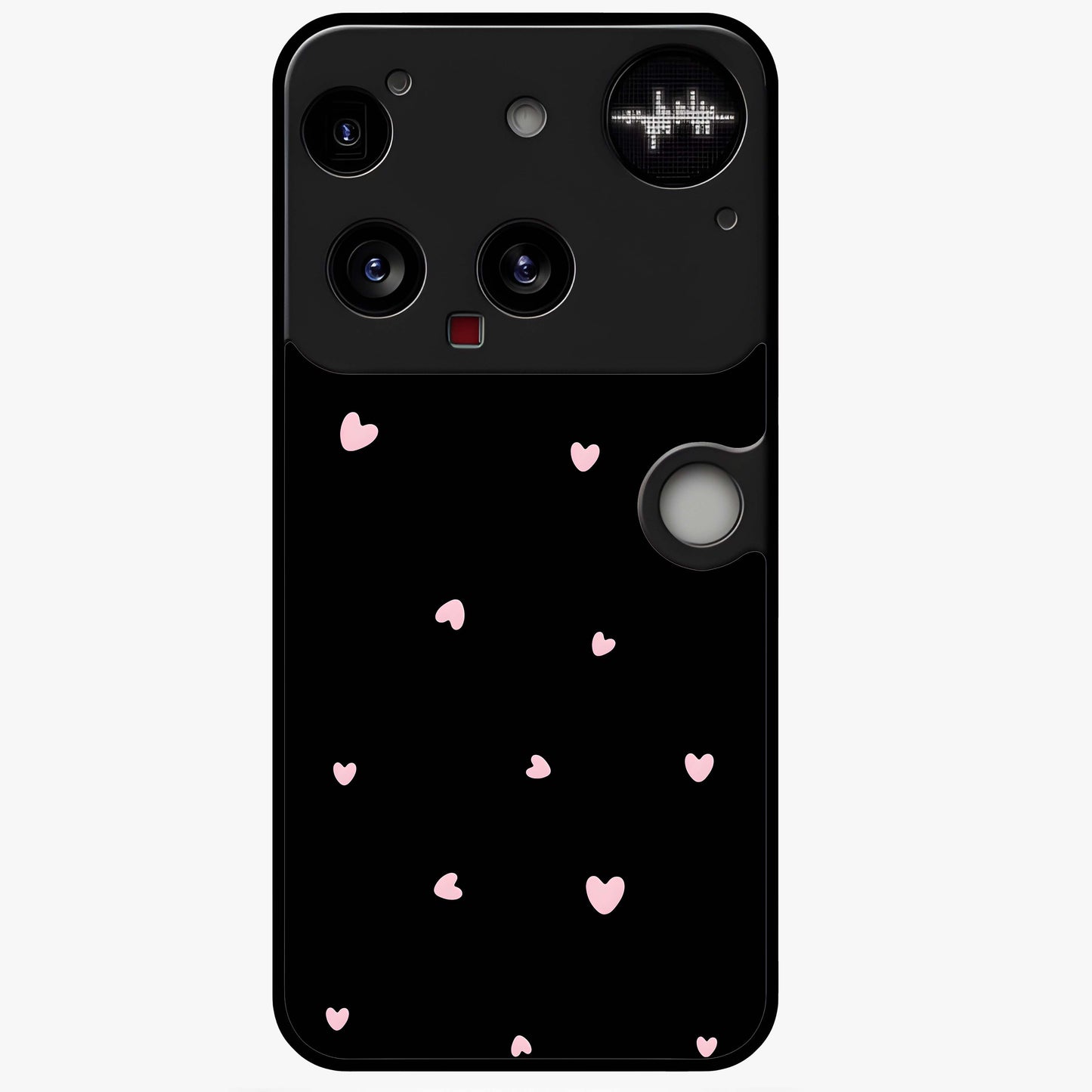 Pink Love Drops Glass Case showing flat back view with playful pink heart drops artwork and glossy glass finish.