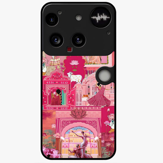 Pink Palace Muse Glass Case showing flat back view with elegant palace inspired artwork and glossy glass finish.