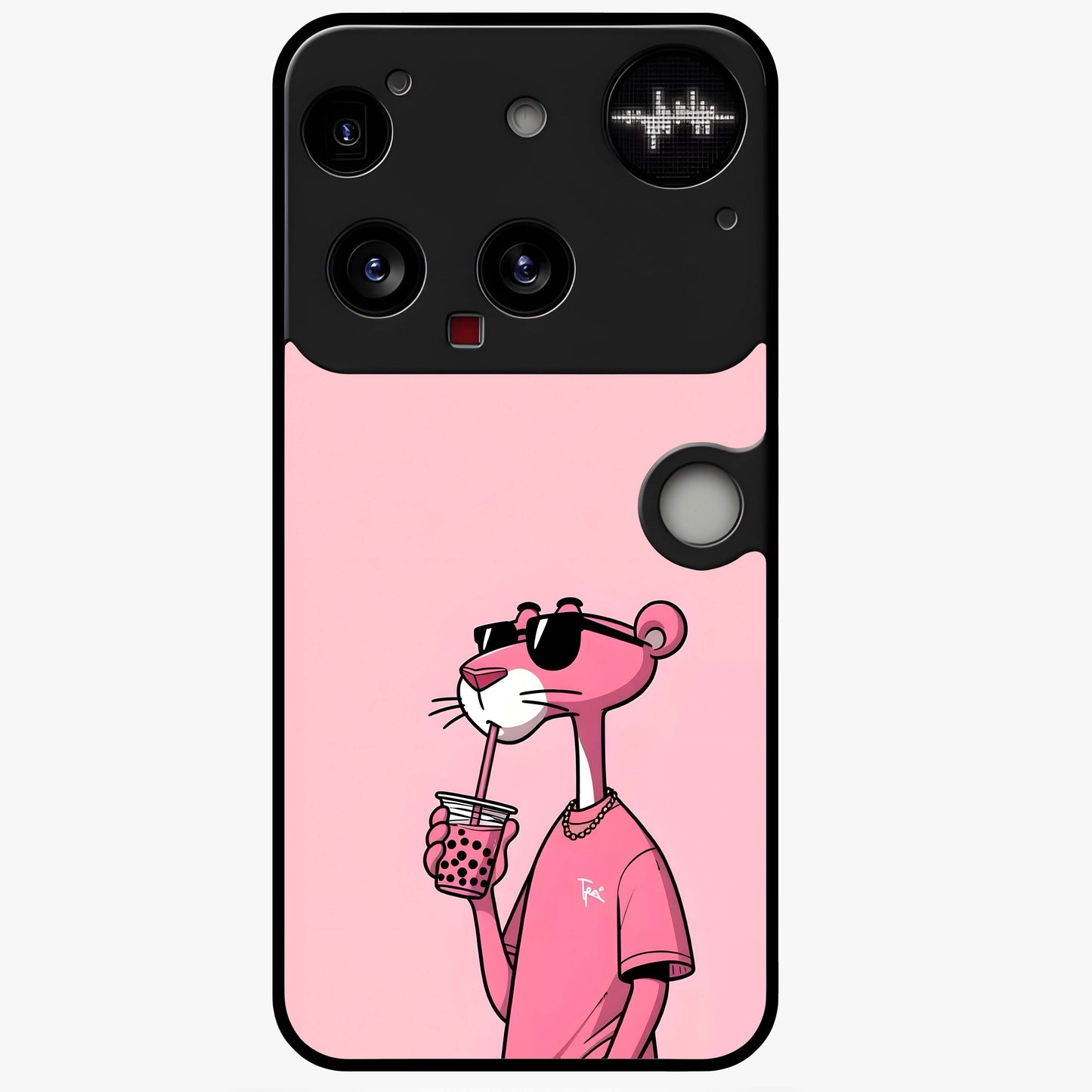 Pink Panther Glass Case showing flat back view with iconic pink panther artwork and glossy glass finish.