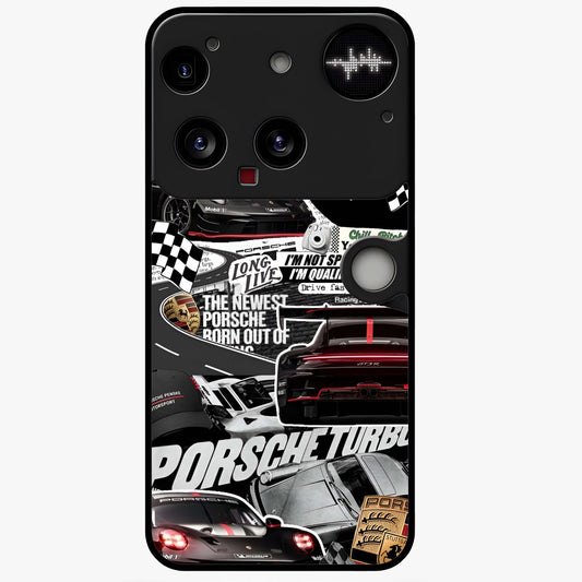 Porsche Racing Collage Glass Case showing flat back view with sports car racing collage artwork and glossy glass finish.