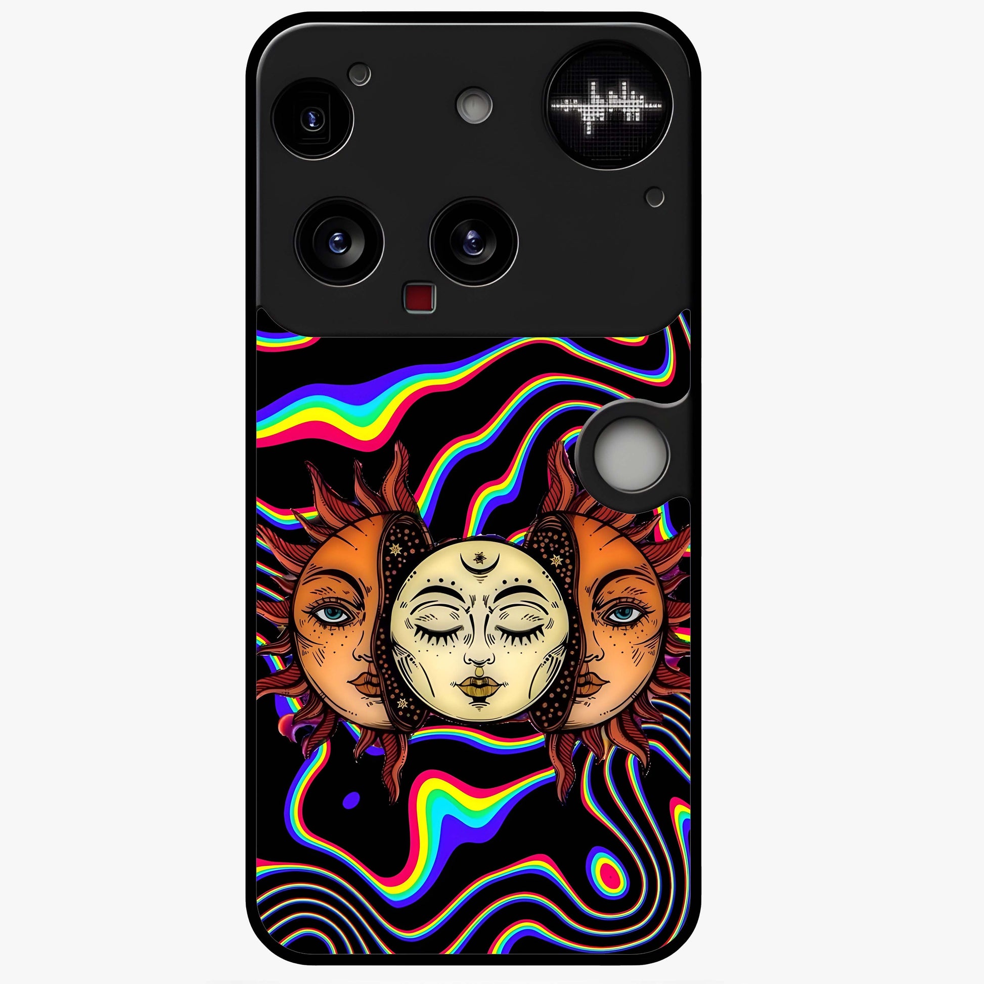 Psychedelic Sun Glass Case showing flat back view with colorful psychedelic sun artwork and glossy glass finish.