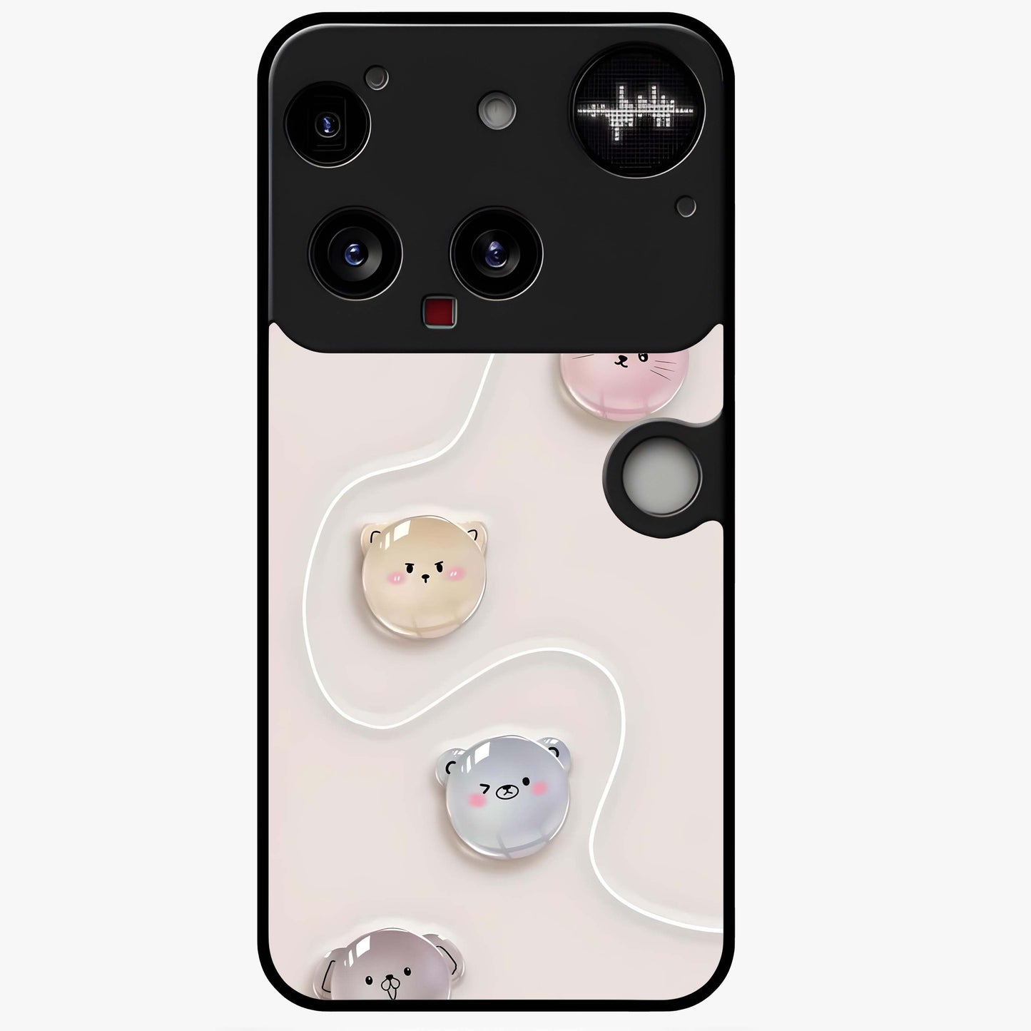 Puffy Face Parade Glass Case showing flat back view with cute puffy character faces artwork and glossy glass finish.