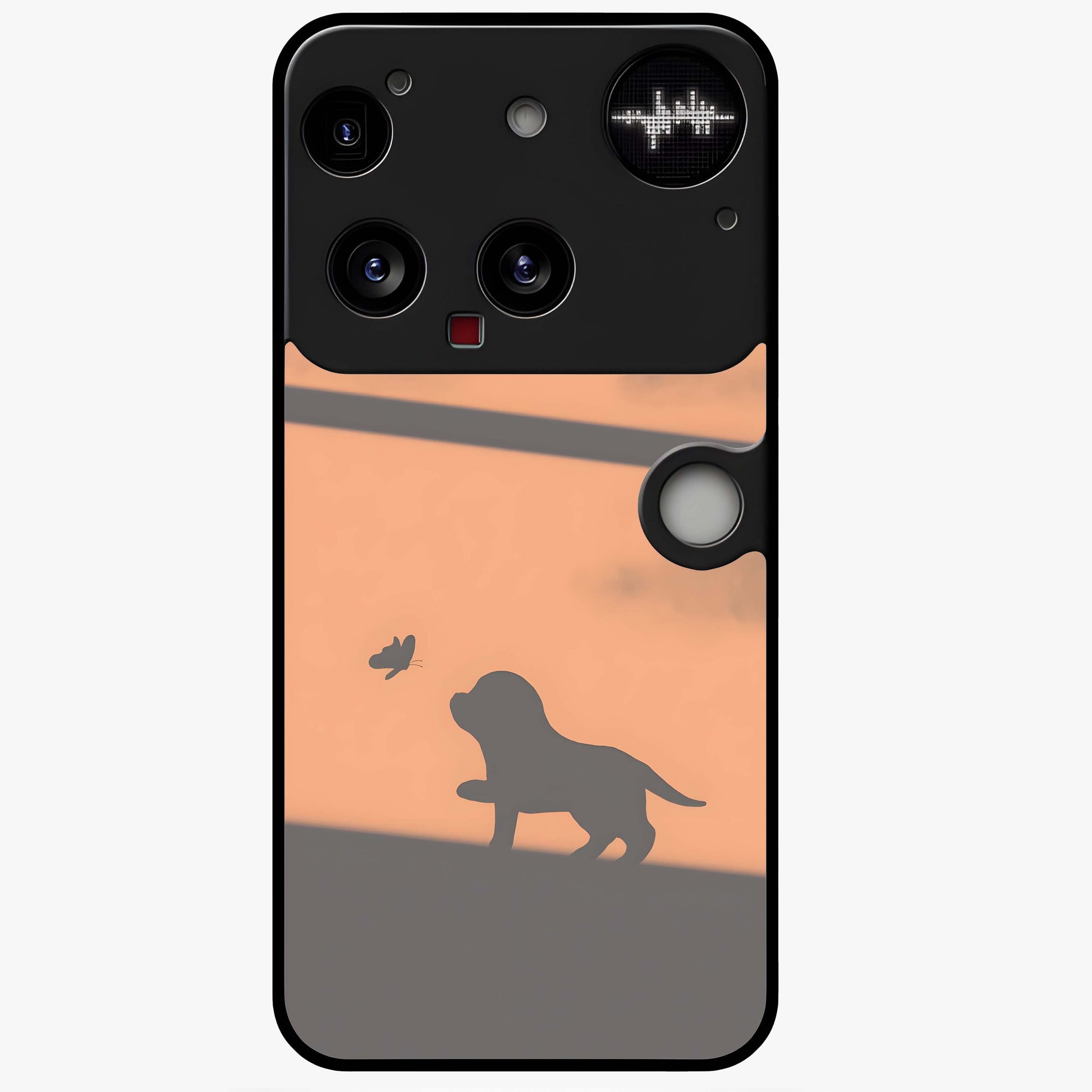 Puppy Shadow Art Glass Case showing flat back view with cute puppy shadow style artwork and glossy glass finish.