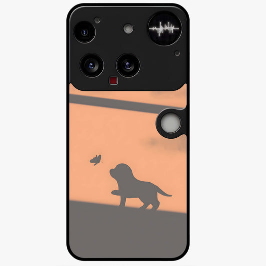Puppy Shadow Art Glass Case showing flat back view with cute puppy shadow style artwork and glossy glass finish.