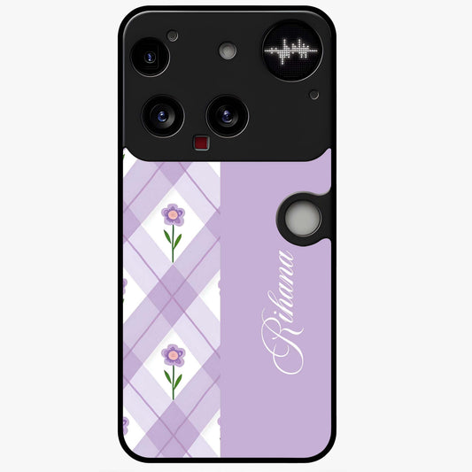 Purple Diamond Floral Glass Case showing flat back view with diamond shaped floral artwork and glossy glass finish.