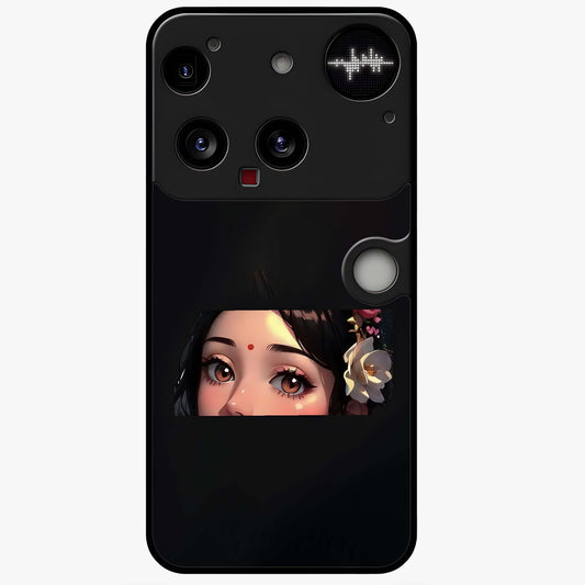 Radha Divine Embrace Glass Case showing flat back view with devotional Radha artwork and glossy glass finish.