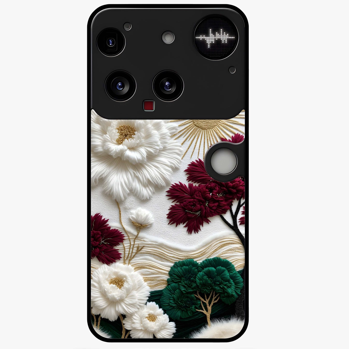 Radiant Bloom Elegance Glass Case showing flat back view with elegant blooming flower artwork and glossy glass finish.